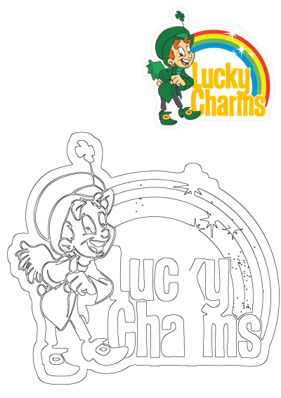 Lucky the Leprechaun sticker with a colorful rainbow and Lucky Charms logo, presented alongside a printable outline version.