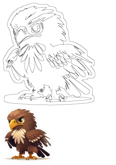 Cute cartoon eagle bird illustration with brown feathers and yellow beak, standing isolated. Also includes a line art outline.
