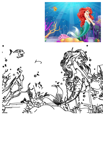 Ariel, the Little Mermaid, enjoys a vibrant undersea adventure with colorful coral, a happy fish, and sunlit water, plus an outline for drawing.