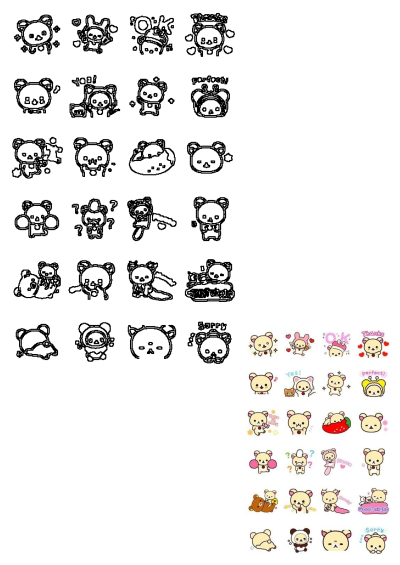 Cute Rilakkuma bear stickers and line art set, showing various poses, emotions, and text like 'Thanks,' 'OK,' 'Good night'.