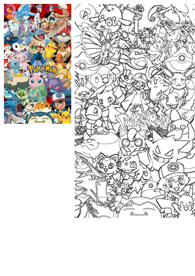 Vibrant Pokemon cartoon characters collage featuring Ash, Pikachu, Blastoise, and friends in both full-color and outline art.