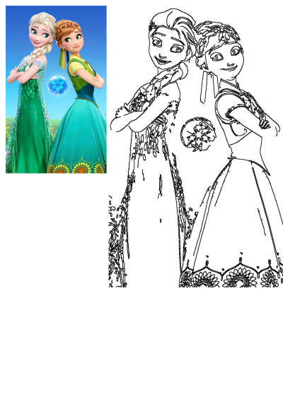 Frozen Princesses Elsa and Anna portrait, smiling back-to-back in their vibrant green dresses, accompanied by a black outline drawing.