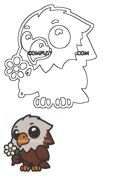 A cute cartoon eagle clip art with grey head and brown body, holding a white daisy flower. Also includes a black outline version.