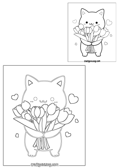 A cute cartoon cat holding a beautiful bouquet of tulips, surrounded by floating hearts. Ideal for kids to color.
