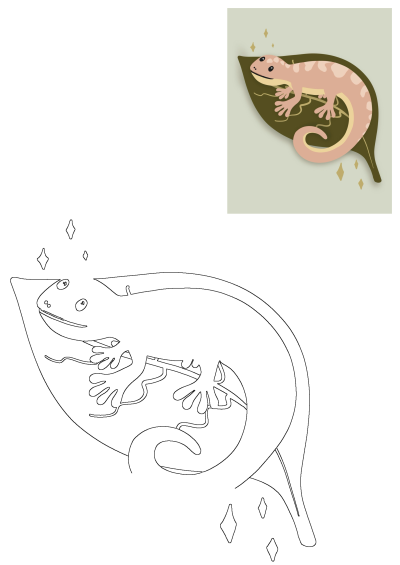 Pink gecko on leaf illustration with gold flecks, shown in vibrant color and as a detailed line art outline.