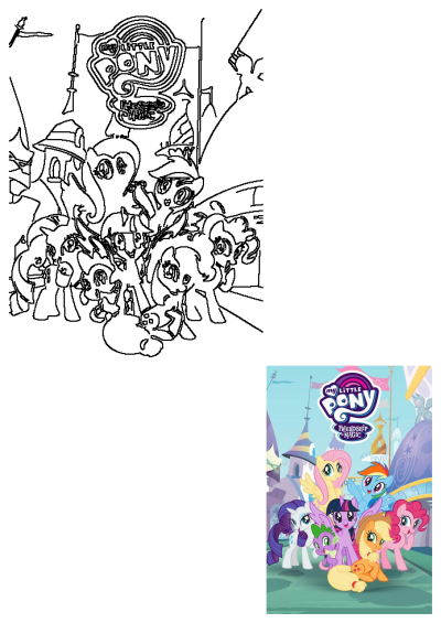 My Little Pony Friendship Is Magic characters including Twilight Sparkle, Rainbow Dash, Pinkie Pie, Applejack, and Spike in colorful and outline forms.