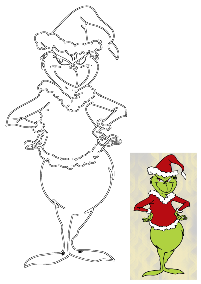 Black outline drawing of Grinch cartoon character in Santa hat and outfit, perfect for Christmas holiday season crafts.