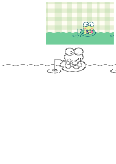 Keroppi, the famous Sanrio character, fishing from a lily pad against a green plaid background. Includes both a colored image and outline.