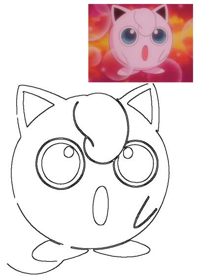 A Jigglypuff Pokemon image featuring a vibrant colored version with big blue eyes on a red-pink background, alongside its black and white outline.