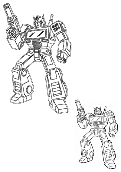 Line art of an Optron robot, reminiscent of a classic transforming toy, holding a blaster. Features 'UNIT 734' on its shoulder.