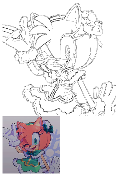 Amy Rose from Sonic the Hedgehog fanart, depicted in a charming green and white winter dress, happily smiling and waving. Line art style.