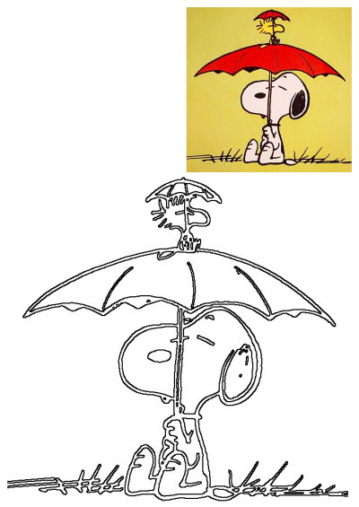 Charming Snoopy and Woodstock cartoon illustration under red umbrellas, Woodstock holding a tiny umbrella, also featuring an outline drawing.