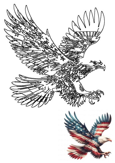 Dynamic American flag eagle in flight, wings featuring stars and stripes, representing a powerful patriotic symbol.