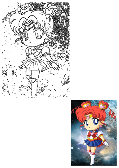 An adorable Chibi Sailor Chibimoon, featuring vibrant red hair and striking blue eyes, flying gracefully through a cosmic space scene.
