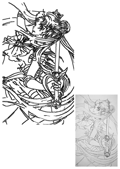 Detailed line art drawing of Sailor Moon's Princess Serenity holding her iconic sword, featuring her flowing hair and regal pose.