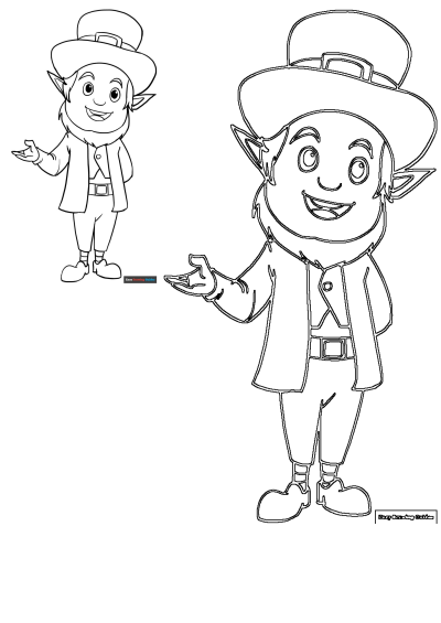 Smiling leprechaun outline drawing wearing a top hat and coat. Ideal St. Patrick's Day printable for fun activities and crafts.