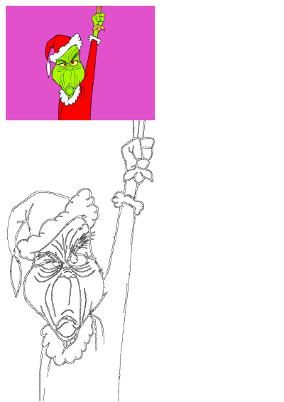 The Grinch, a green Christmas cartoon character, wearing a Santa hat and red coat, holds a sign against a pink background.