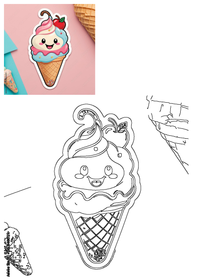 Cute happy ice cream sundae sticker with pink and blue scoops, cherry, and sprinkles on a pink table with waffle cones.