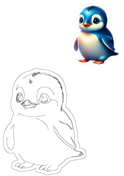 An adorable blue penguin sticker, a chubby cartoon animal character, paired with its outline for a fun coloring activity.