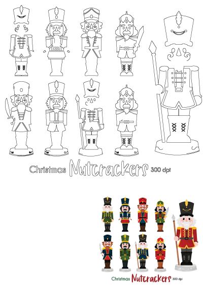 A vibrant collection of Christmas nutcracker designs, featuring both intricate outlines and beautifully colored illustrations for festive projects.