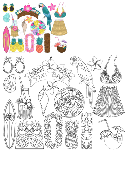 Colorful tropical clipart set with pineapples, hibiscus, a parrot, tiki bar, hula skirt, and outline illustrations for summer designs.
