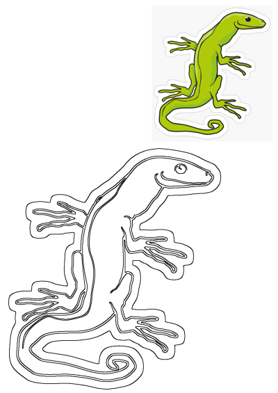 A cheerful green lizard cartoon vector illustration, presented alongside a black outline version for creative projects.