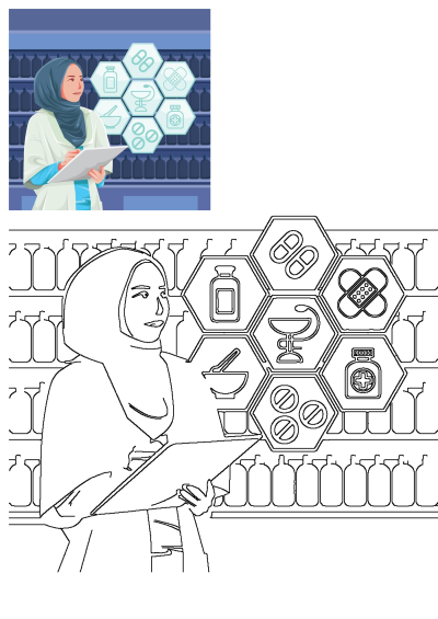 Digital illustration of a Muslim woman pharmacist in a hijab and lab coat, holding a clipboard. Features pharmacy icons like pills, bottles, and caduceus.