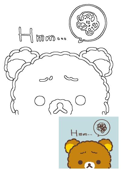 An illustration of a thinking teddy bear with a thought bubble. This line art depicts a pensive bear with 'Hmm...' and scribbles.
