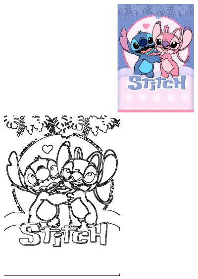 Stitch and Angel hugging cartoon characters showcase their affection in a vibrant graphic and a matching black and white outline.