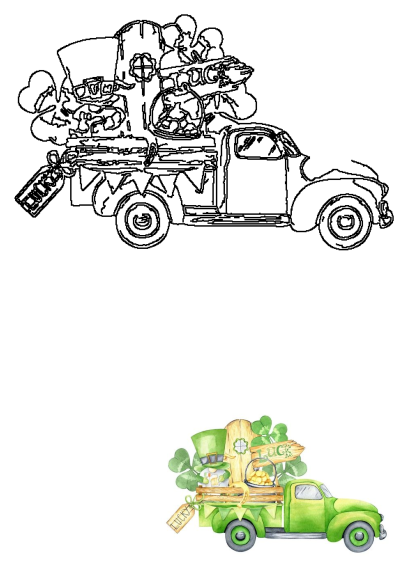 Watercolor illustration of a vintage green truck overflowing with St. Patrick's Day elements: leprechaun, pot of gold, shamrocks, lucky tag.