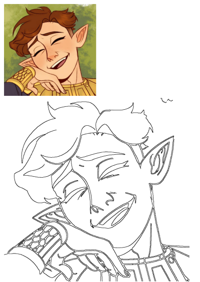 Tesseract Rave smiling elf character illustration. Happy male elf with pointed ears, brown hair, golden armor, and a line art version.