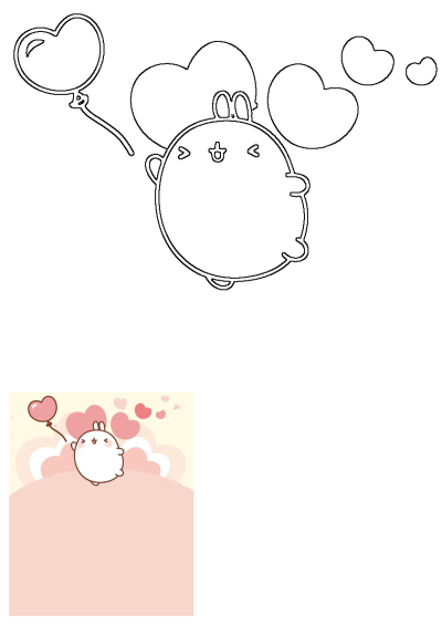 A sweet cartoon bunny-like animal holding a pink heart balloon, flying among pink clouds and hearts. Ideal for love, joy, and cute themes.