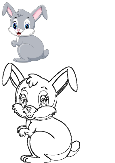 A charming grey cartoon rabbit with big blue eyes and pink ears. Below is an outline drawing for kids to color.