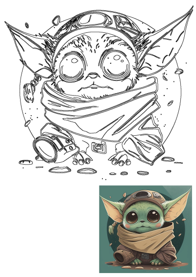 Cute Baby Yoda (Grogu) in a pilot helmet and scarf, depicted as a detailed black and white line art drawing.