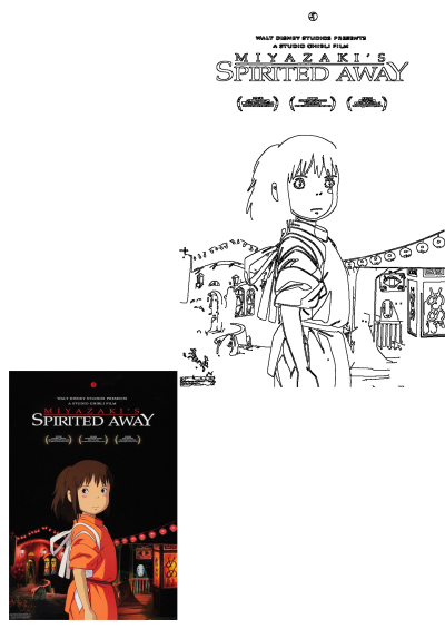 Spirited Away movie poster: Chihiro in orange by the glowing bathhouse with lanterns, a hint of No-Face. Includes outline art.