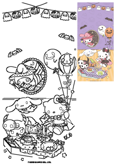 Sanrio Halloween party featuring My Melody, Hello Kitty, Kuromi, Cinnamoroll in costumes with cute ghosts and pumpkins.