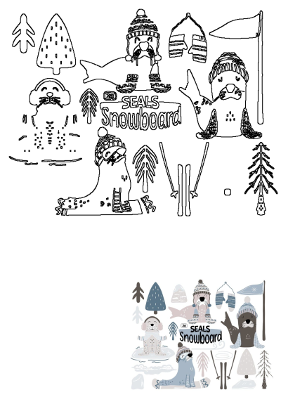 Winter-themed clipart of cute seals snowboarding and skiing, complete with cozy hats and scarves. Features both outline and full-color elements.