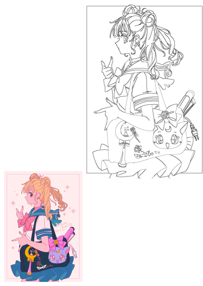 A modern take on Sailor Moon fan art, depicting an anime girl in a school uniform, holding a charming Luna cat bag with accessories.