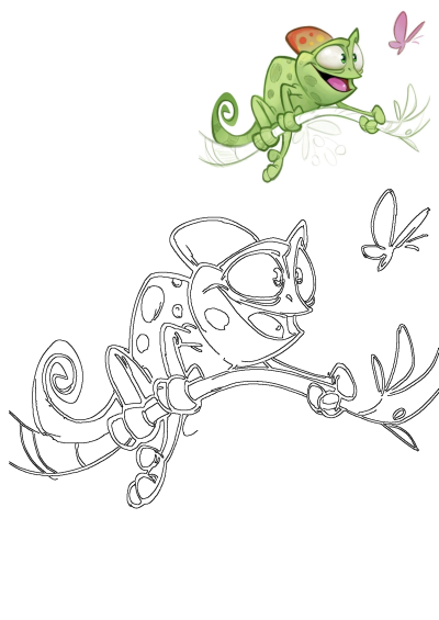 A vibrant cartoon chameleon on a branch, delighted by a flying pink butterfly, with a crisp black and white outline version below.