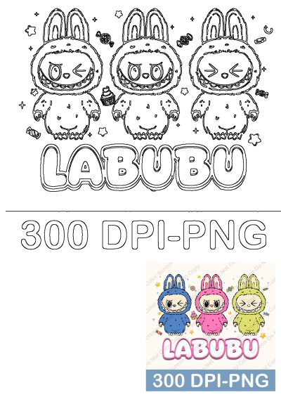 Outline art of three adorable Labubu cartoon rabbits with different expressions, surrounded by candy and stars. Includes blue, pink, and yellow colored versions.