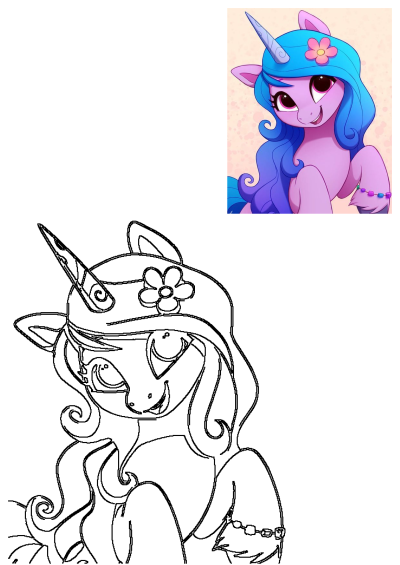 A cheerful pink unicorn with flowing blue hair and a flower on its head, shown as a colorful illustration and a black outline.