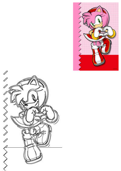 Amy Rose, the Sonic Hedgehog character, forms a heart with her hands. Features a vibrant cartoon illustration and a line art version perfect for coloring.