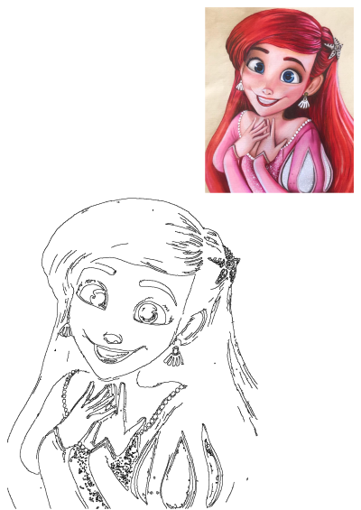 Captivating Princess Ariel fan art from The Little Mermaid, featuring her vibrant red hair, blue eyes, pink dress, and an accompanying outline sketch.