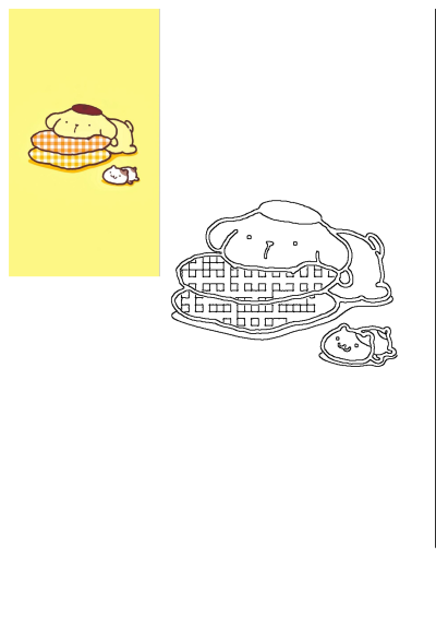 Pompompurin dog sleeping on colorful plaid pillows with Muffin, featuring a vibrant illustration and a black outline drawing.