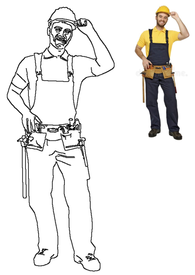 Smiling construction worker in blue overalls, yellow hard hat, and tool belt, posing on a white background. Includes a matching outline drawing.