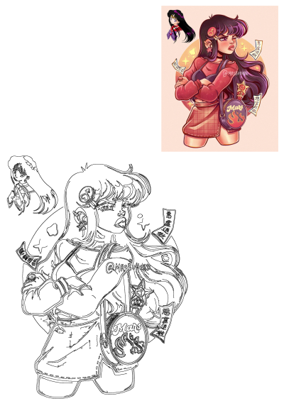 Sailor Mars fanart drawing featuring a girl with long purple hair, wearing a pink shirt, plaid skirt, and a Mars flame bag, with talismans.