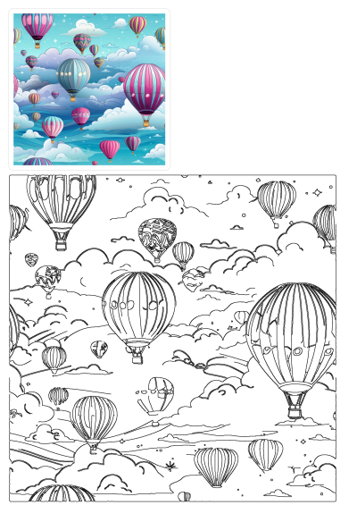 Vibrant hot air balloons in various colors and patterns float against a serene blue sky, surrounded by white clouds and sparkling stars.