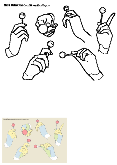 Hand drawing reference guide showing hands holding lollipops in multiple poses. Includes outline drawings and simplified color versions for artists.
