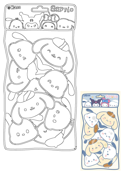 A cute kawaii Sanrio character plushies bag featuring multiple Pompompurin figures along with Kuromi, My Melody, and Cinnamoroll on the header.