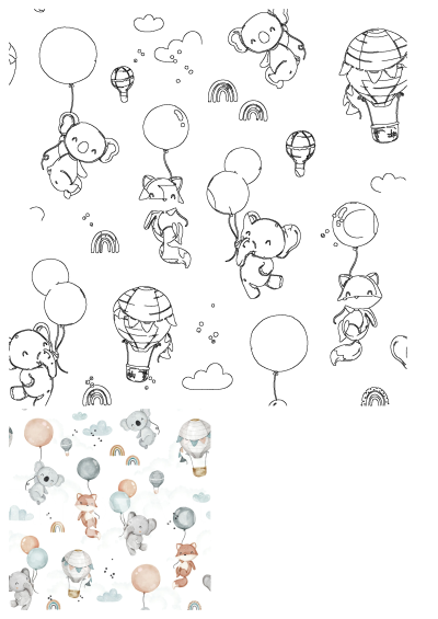 Cute watercolor seamless pattern featuring flying koalas, elephants, and foxes with balloons, hot air balloons, clouds, and rainbows.